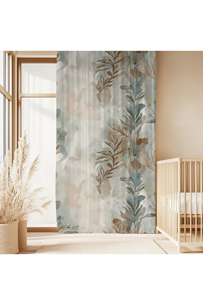 Hanna Home Bej Gri Floral Desenli Kadife Görünümlü Salon Fon Perde