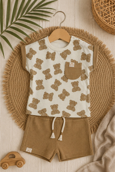 Minelia Kids Erkek Bebek %100 Pamuk Ayıcık Desenli Waffle Şortlu 2’li Takım -...