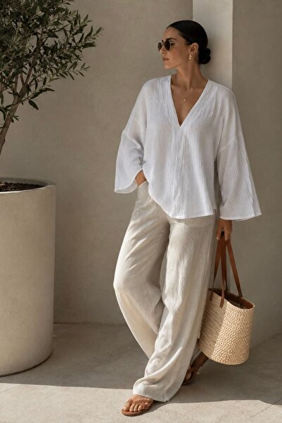 bb butik basic Women's Muslin Oversize Blouse Loose Cut Summer Basic Jacket M...