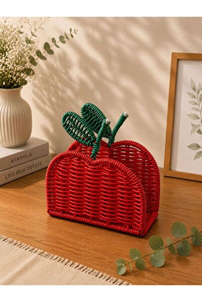 YzHome Hasır Rattan Elma Model Kırmızı Peçetelik Düzenleyici Organizer 15*14cm