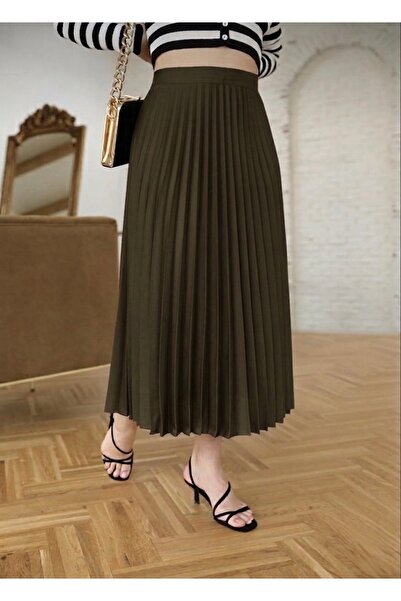 Bahar Altundemir Women's Krep Fabric Lined Pleated Long Khaki Skirt