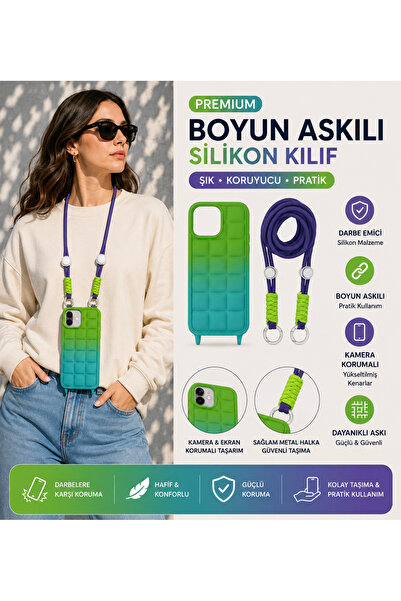 Nettech iPhone 15 Pro Premium Boyun Askılı Silikon Kılıf Kamera Korumalı