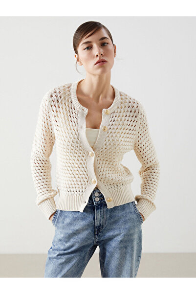 LC Waikiki Nevavm Women's Knitwear Cardigan with Oval Collar and Openwork Design