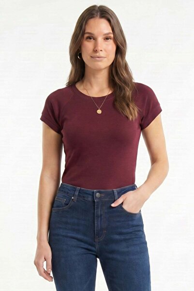 Tudors Kadın Slim Fit Dar Kesim Bisiklet Yaka Reglan Kol %100 Pamuk Bordo Tiş...