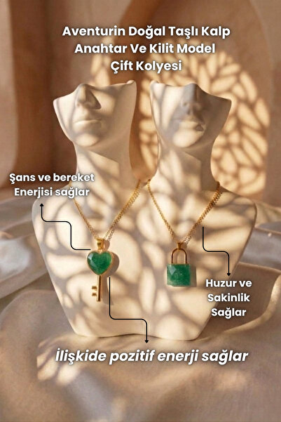 Elifsu Jewelry Aventurine Natural Stone Heart Key and Lock Model Set of 2 Cou...