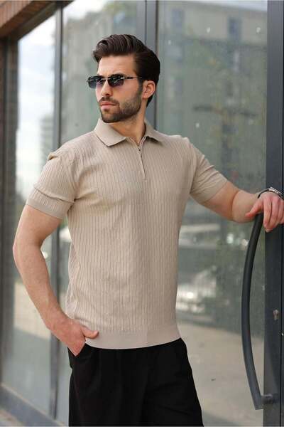 Madmext Beige Polo Collar Knitted Patterned Knitwear Men's T-Shirt E7489
