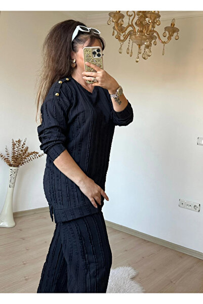 AZRA BUTİK Shoulder Gold Buttoned Suit Black