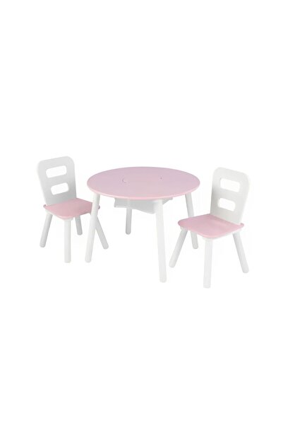 KIDKRAFT Rnd Storage TBL & 2 Chairs Set-Wht& Pink, Wood, Pink & White