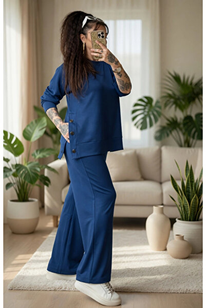 AZRA BUTİK Wide Leg Snap Fastener Set Blue