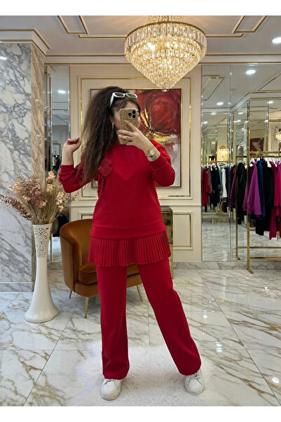 AZRA BUTİK Pleated Skirt Floral Suit Red