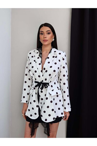 QİMYA BUTİK Keyymod Women's Belted Lace Detailed Half-Lined Polka Dot Stylish...