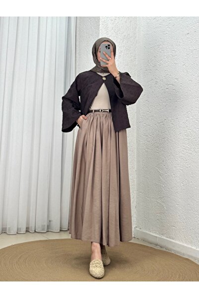 MİHRA STORE Seniha Gathered Double Pocket Belted Skirt-Pa203 Mink