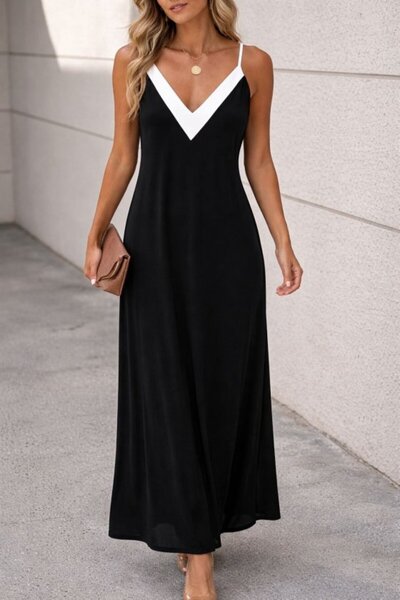 Generic Brand Women's Long Viscose Dress with Rope Straps and Sharp V-Neck