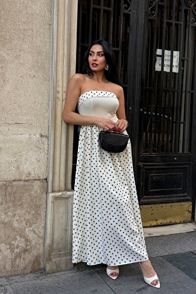 Ortaya Çık Ecru Polka Dot Strapless Dress