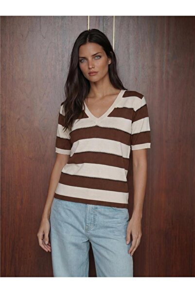 WeShaya Coffee Cream Striped Acrylic Short Sleeve V-Neck Knitted Blouse