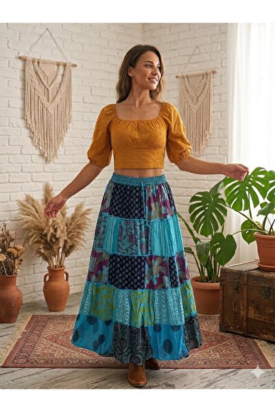 AYASOFYA OTANTIK Women's Nepali Ethnic Pattern Patchwork Long Skirt with Elas...
