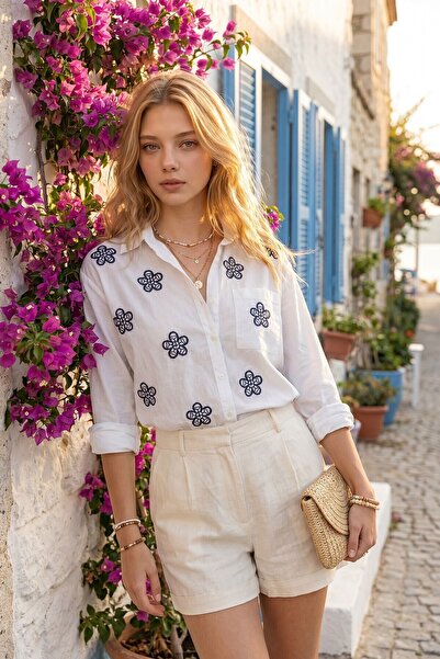 bacc White Embroidered Floral Pattern Voile Viscose Cotton Shirt
