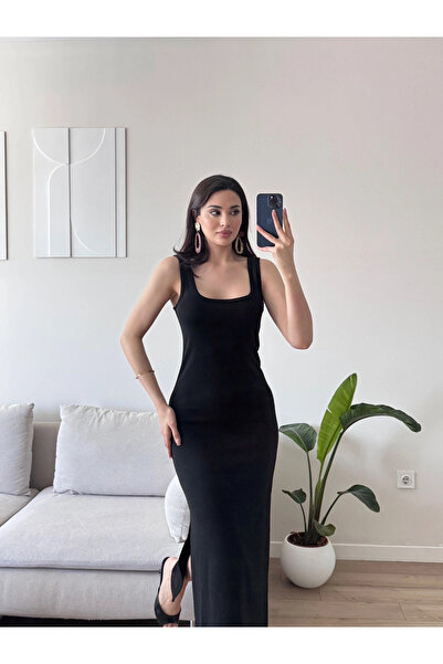 Zoom Butik Çift Yırtmaçlı Kare Yaka Elbise - SİYAH