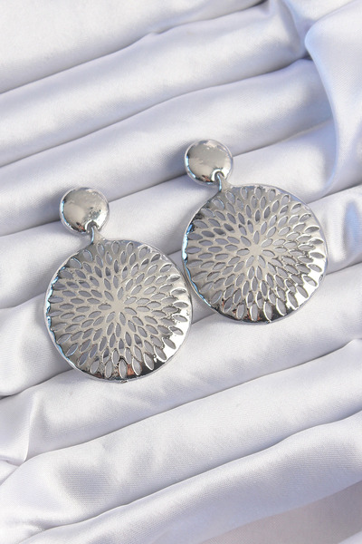 ETC Brass Silver Color Oval Engraved Earrings 5886 - Miyng8881-4699