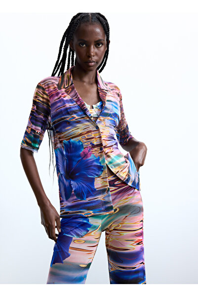 Desigual Mavi Kadın Standart Fit Çiçek Desenli Gömlek 26SWCK02