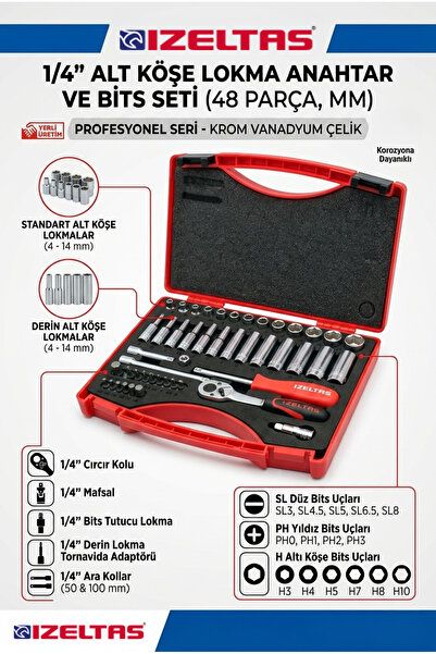 İzeltaş 1/4" 48 Parça Altı Köşe Bits ve Lokma Anahtar Takımı