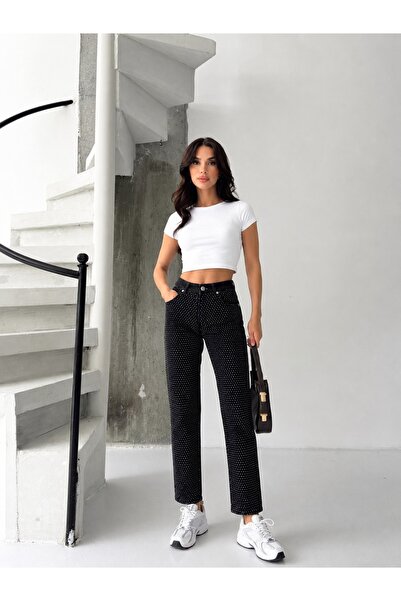 KENE JEANS Black Leg-Stoneed Mom Jeans