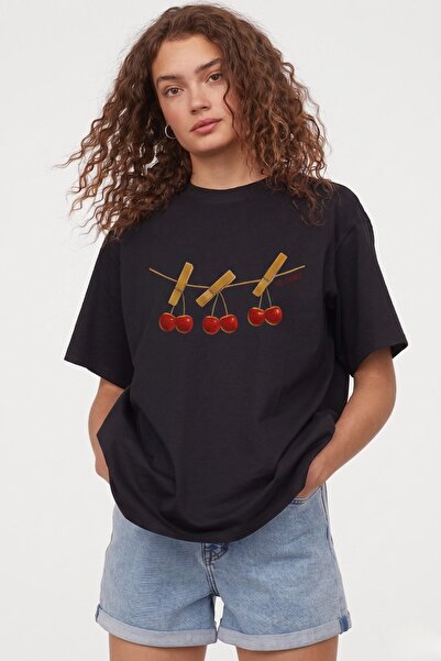 The Champ Clothing Tricou oversize pentru femei, negru, cu imprimeu Cherry Mo...