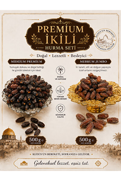 Hurma Kervanı Premium İkili Hurma Seti 1 KG – 500 GR Kudüs Medjoul & 500 GR M...