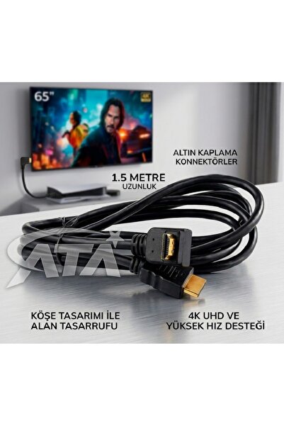 ATAELEKTRONİK 1.5 Metre ( L Uçlu ) HDMI Kablo 90° Dar alan TV monitör projeks...