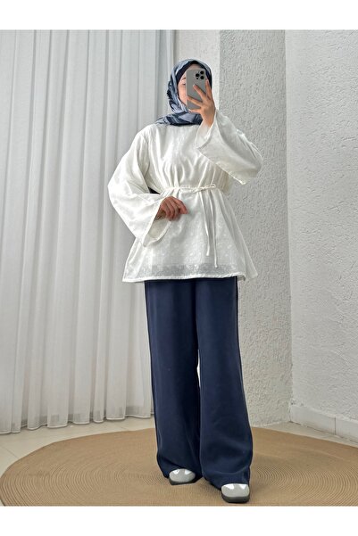 MİHRA STORE Ova Hakim Collar Embroidered Shirt-Eu3427 Ecru