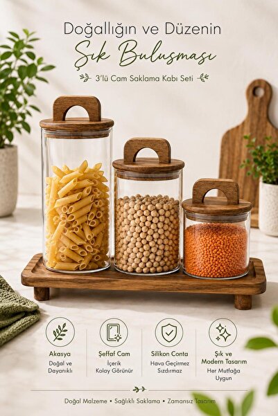 MODA OZY Set of 3 Glass Jars with Acacia Lid and Wooden Stand 1300/950/550 ml...