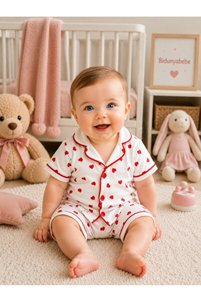 cles couture Red Heart Shorts Bottom Top Baby Pajama Set - %100 Cotton