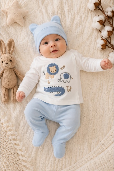 Pure Boutique Compleu bebe bleu din bumbac cu caciulita si imprimeu animalute...