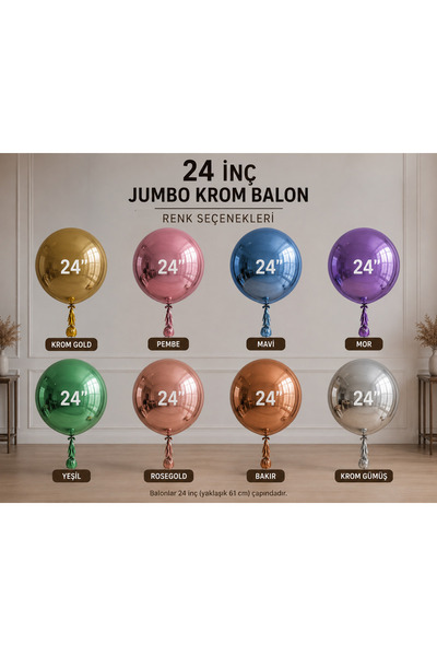 eğlencemarketi 24 İnç Büyük Boy Krom Balon Metalik Parlak Gold Pembe Mavi Mor...