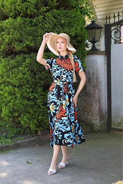 Siyezen Buttoned Cotton Flared Black Patterned Dress