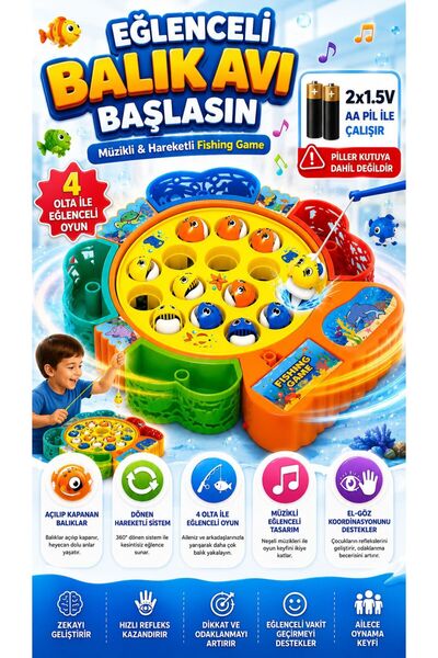 YILDIRIM OYUNCAK Müzikli Balık Yakalama Oyunu Fishing Game – 4 Oltalı Dönen E...