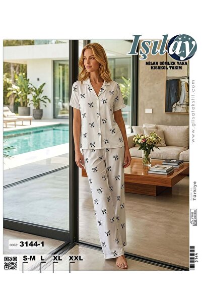 Işılay Gömlek yaka önü düğmeli desenli yumuşak milan kumaş pijama takımı