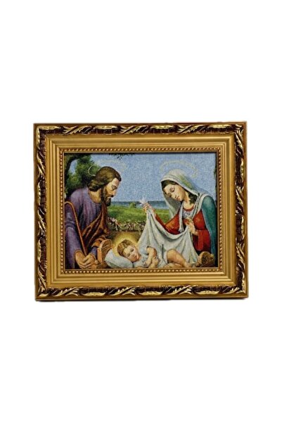 VERSET Textile Icon (Goblen) Orthodox Holy Family, Gold Baroque Frame, 29x24c...