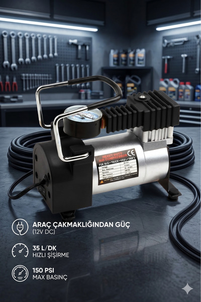 Autobase Profesyonel Metal Oto Araç Hava Kompresörü 12V Lastik Pompası 150PSI