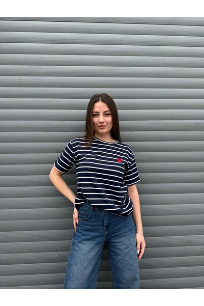 ASL WOMAN Women's Navy Blue White Striped Heart Embroidered T-Shirt