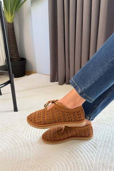 Difolia Women's Geoo Tan Genuine Leather Geometric Perforated Ballerinas with...