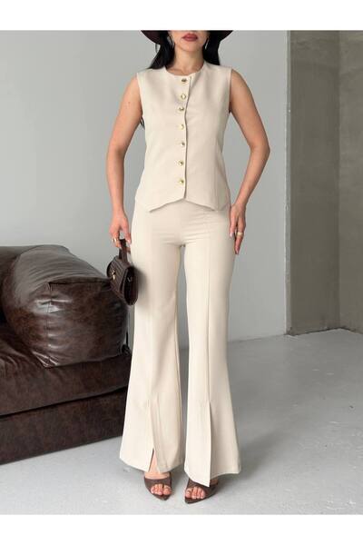 buqre's moda Women's Double Suit with Slit Cuffs, Buttoned Vest and Trousers,...