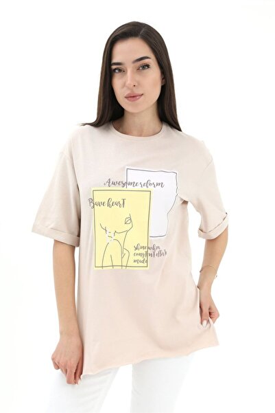 VELİZADE Women's Beige Printed Crew Neck 100% Cotton Casual Short Sleeve T-Sh...