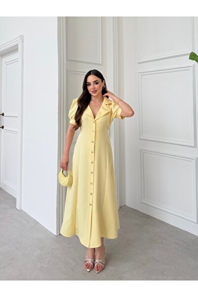 Füme V-Neck Buttoned Belted Dabıl Dress