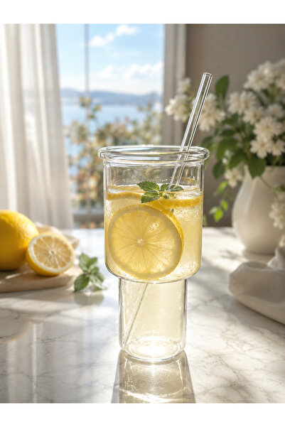 TOHA Cam Detoks Bardağı Cam Pipetli Kapaklı Isıya Dayanıklı Şeffaf Limonata K...