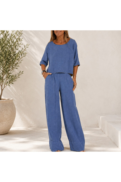 Cristina Serene Λινό Σετ Oversized Μπλούζα & Παντελόνα Ρουά Μπλε