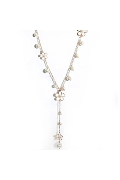 OEM Girls' necklace with gold chain, CRM, with white flowers and pearl beads