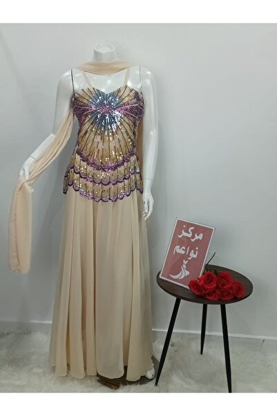 NAWAEIM Luxury Chiffon Evening Gown in Creamy Beige with Sparkling Sequins an...