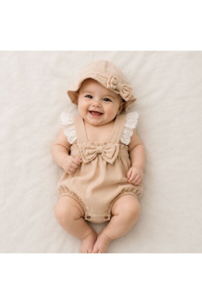 Afrababy KIZ BEBEK YAZLIK ASKILI DANTELLİ ŞAPKALI ROMPER