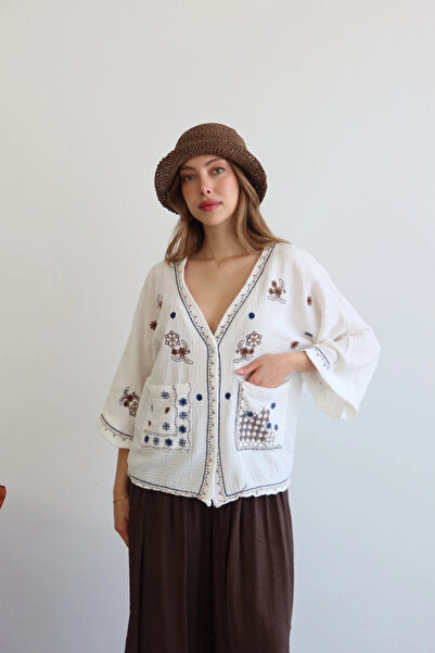 Lusin Women's White Ethnic Embroidered Pocket Detailed Buttoned Summer Bohemi...